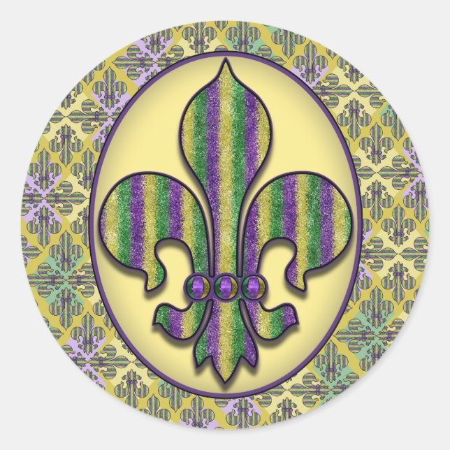 Stripe Mardi Gras Lilie Runder Aufkleber (Vorderseite)