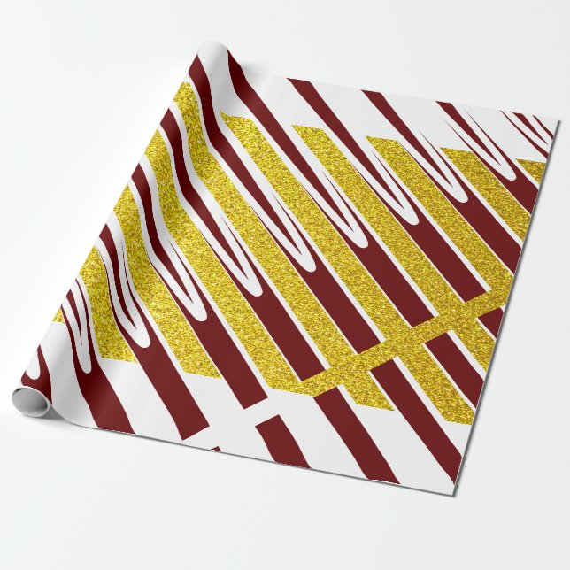Stripe Pattern Gold Glitzer Dunkelrotes Burgund Co Geschenkpapier (Ungerollt)
