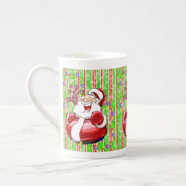 Stripe Red Green Frohe Weihnachtsbär Prozellantasse (Links)