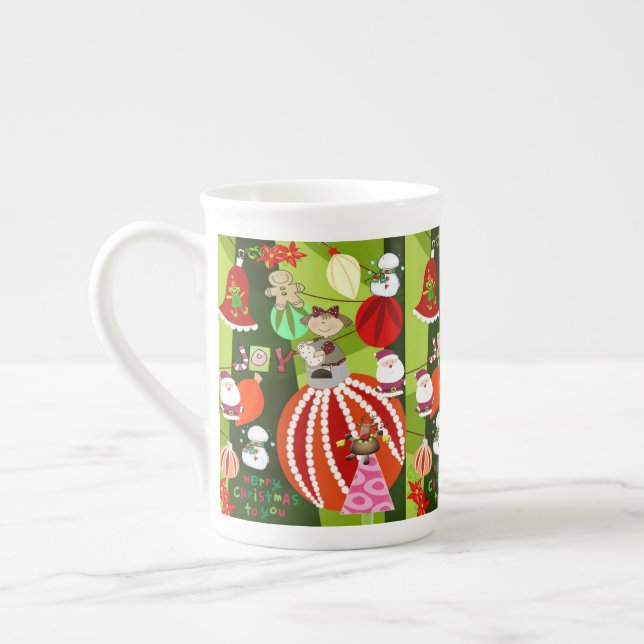 Stripe Red Green Merry Christmas Blue Kariert Red Prozellantasse (Links)