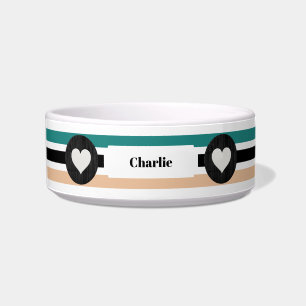Striped Aqua Black Tan Custom Pet Bowl mit Herz Napf