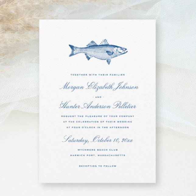Striped Bass Fishing Theme Elegante Hochzeit der M Einladung (Striped Bass Fishing theme Wedding Invitation in Elegant navy blue from Concertina Press)