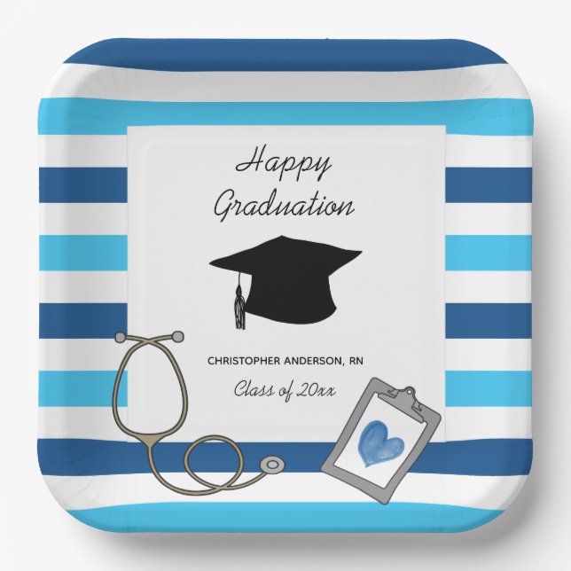 Striped Blue Nursing School Graduate Pappteller (Vorderseite)