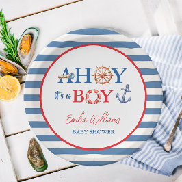 Striped Blue Red Nautical Ahoy Boy Baby Shower Pappteller