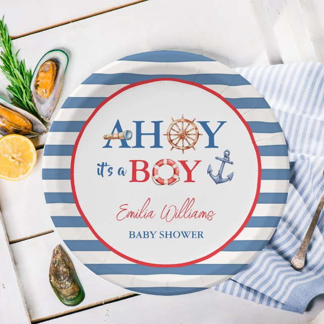 Striped Blue Red Nautical Ahoy Boy Baby Shower Pappteller (Von Creator hochgeladen)