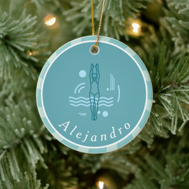 Striped Blue Swimmer Silhouette Schwimmthema Keramik Ornament (Baum)