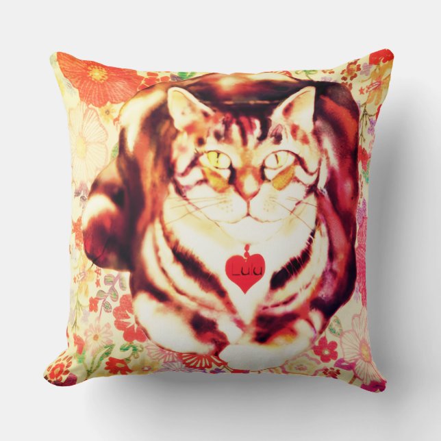 Striped Cat Art with Floral Background Kissen (Vorderseite)