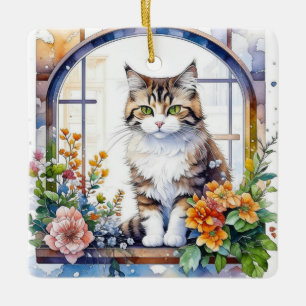 Striped Cat im Fenster der Blume Personalisiert Keramikornament