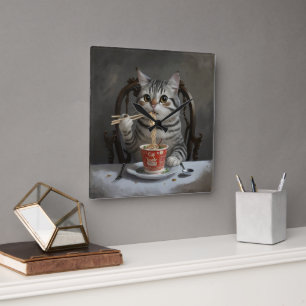 Striped Cat Spaß Cup Noodles Quadratische Wanduhr