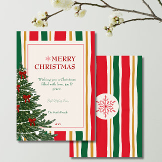 Striped Christmas Card with Pine Tree and Red Bows Feiertagskarte
