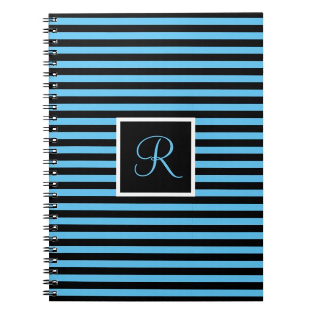 Striped Custom Initial Letter Blau und Schwarz Notizblock (Vorderseite)