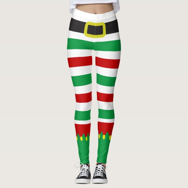 Striped Elf Green Red Christmas Novelty Leggings (Vorderseite)