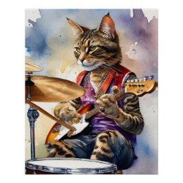 Striped Gray Tabby Cat Rock Star Gitarre spielen Poster