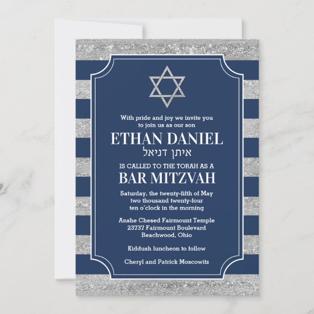 Striped Navy, Gray Bar Mitzvah Star von David Einladung (Vorderseite)
