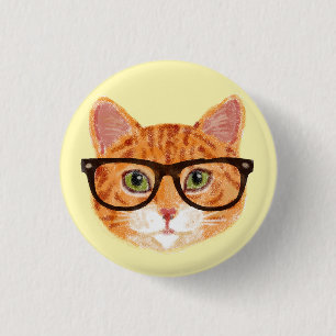 Striped Orange Cat Wearing Brillen Button