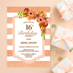 Striped Orange Floral 16. Geburtstag Abendessen Pa Einladung