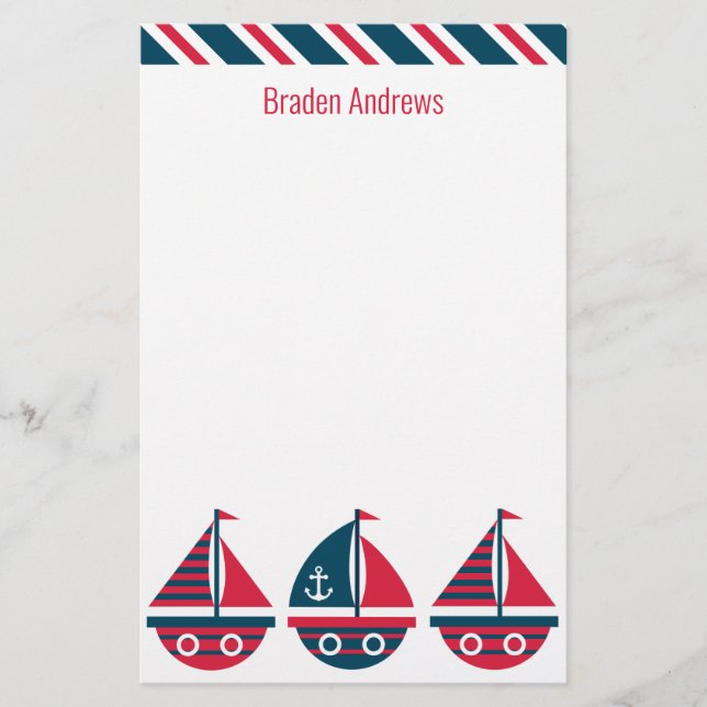 Striped Sailboote Personalisiert Stationery (Vorderseite)
