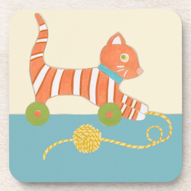 Striped Toy Cat mit Ball of String Getränkeuntersetzer (Vorderseite)