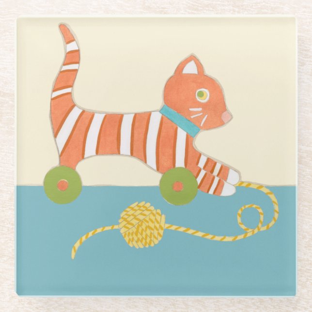 Striped Toy Cat mit Ball of String Glasuntersetzer (Vorderseite)