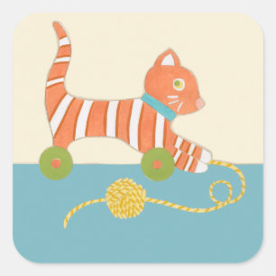 Striped Toy Cat mit Ball of String Quadratischer Aufkleber