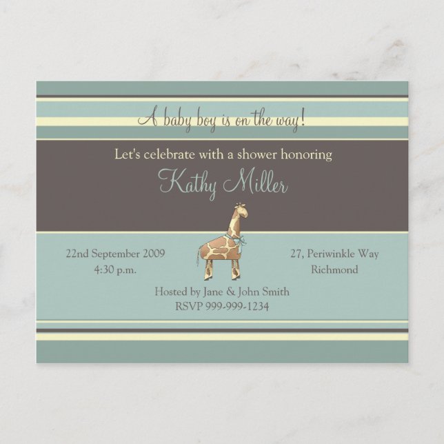 Stripes Baby Shower Invitation (Junge) Einladungspostkarte (Vorderseite)