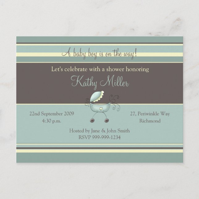 Stripes Baby Shower Invitation (Junge) Einladungspostkarte (Vorderseite)