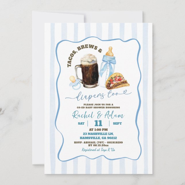 Stripes Blue Tacos Brews and Babies Baby Show Einladung (Vorderseite)