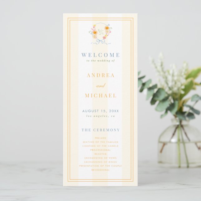 Stripes Floral Crest Monogram & Bow Spring Wedding Programm (Stehend Vorderseite)