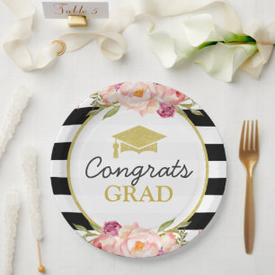 Stripes Floral Gold Glückwunsch Grad Graduierung Pappteller
