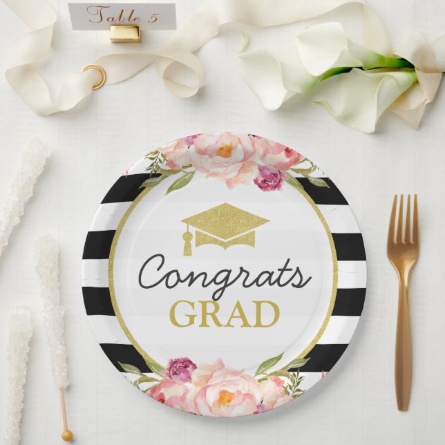 Stripes Floral Gold Glückwunschs Grad Graduierungs Pappteller (Hochzeit)