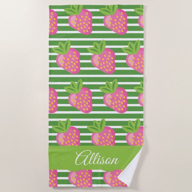 Stripes & Fraises Serviette de plage personnalisée (Devant)