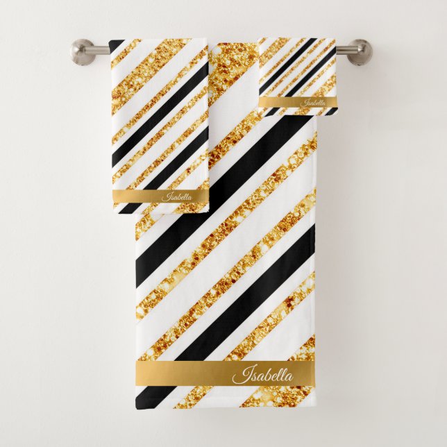 Stripes Gold Glitzer Black Boho Populäre Kollektio Badhandtuch Set (Insitu)