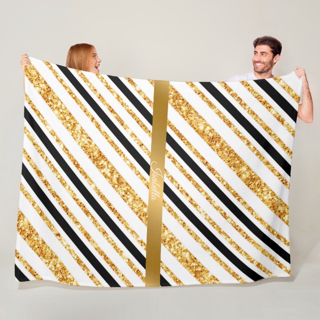 Stripes Gold Glitzer Black Boho Populäre Kollektio Fleecedecke (Beispiel)