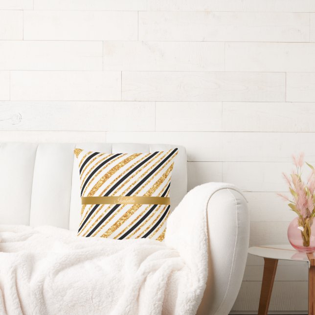 Stripes Gold Glitzer Black Boho Populäre Kollektio Kissen (Liege)