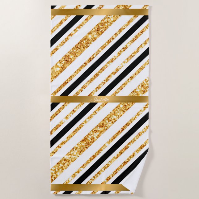 Stripes Gold Glitzer Black Boho Populäre Kollektio Strandtuch (Vorderseite)