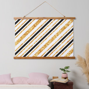 Stripes Gold Glitzer Black Boho Populäre Kollektio Wandteppich Mit Holzrahmen