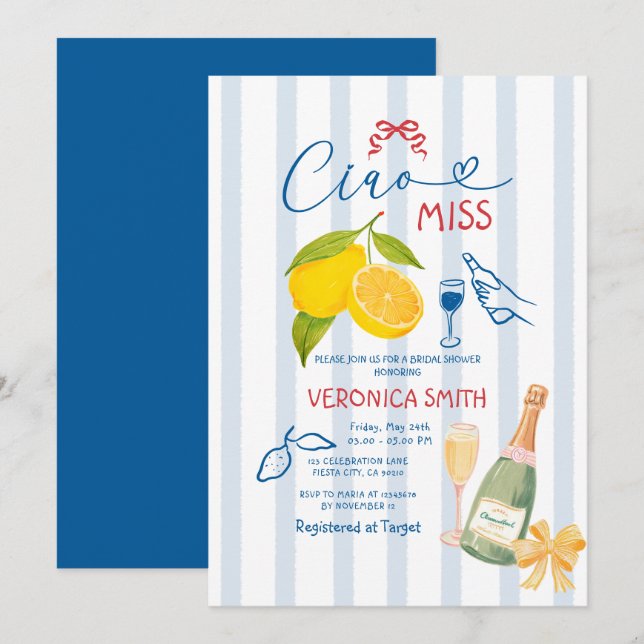 Stripes Lemon Blue Italy Ciao Brautparty Einladung (Vorne/Hinten)