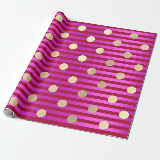 Stripes Line Fuchsia Rosa Red Ruby Polka Dots Gold Geschenkpapier (Ungerollt)