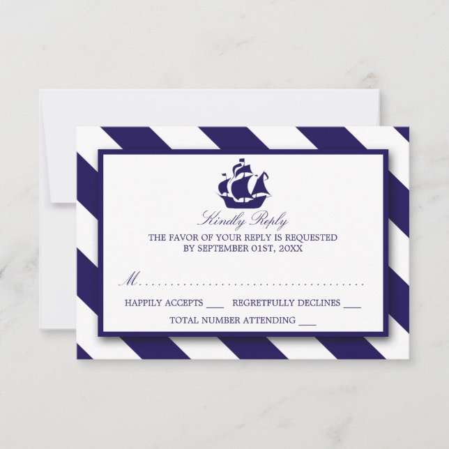 Stripes nautiques et Marine Blue Ship Wedding RSVP (Devant)