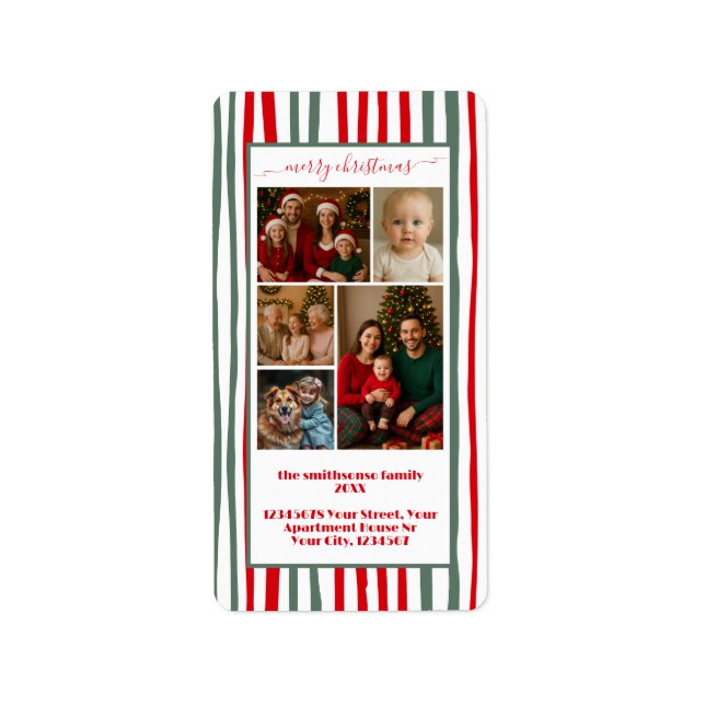 Stripes new address family Photo merry Christmas Adressaufkleber (Vorne)