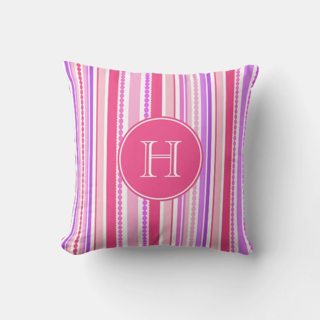 Stripey bördelt rosa lila Monogramm Throwkissen Kissen (Vorderseite)