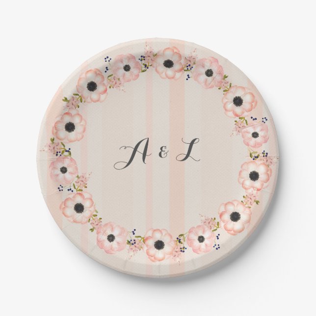 Strippte Blume Anpassbare Monogramm-Teller Pappteller (Vorderseite)