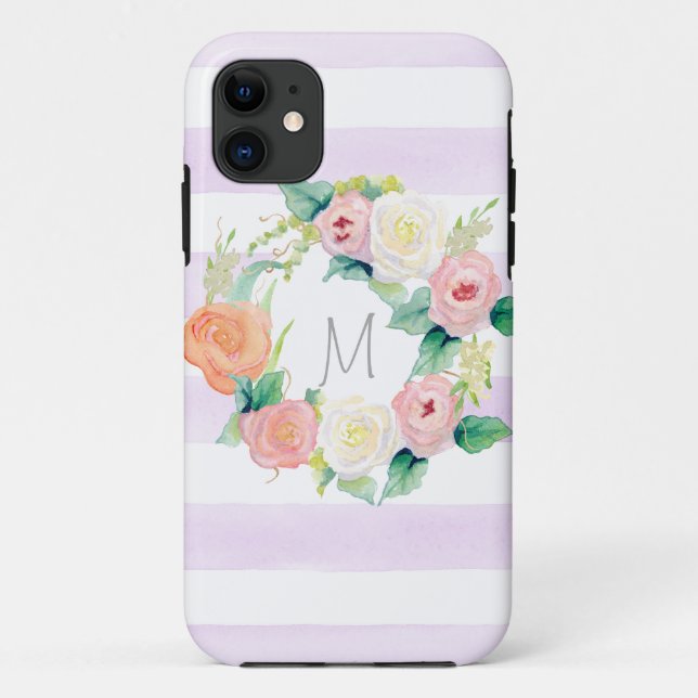 Stripte einfache moderne Aquarellblumen-Rose Case-Mate iPhone Hülle (Rückseite)