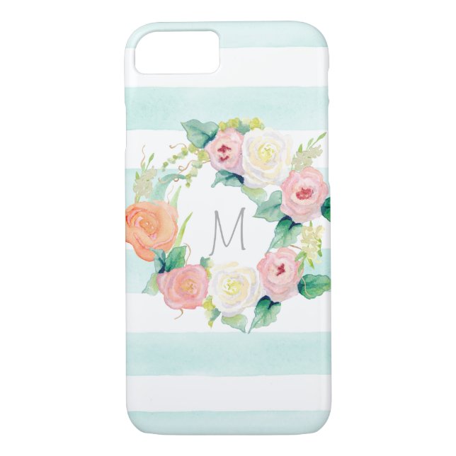 Stripte einfache moderne Aquarellblumen-Rose Case-Mate iPhone Hülle (Rückseite)