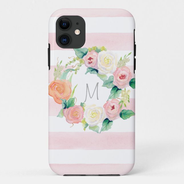 Stripte einfache moderne Aquarellblumen-Rose Case-Mate iPhone Hülle (Rückseite)