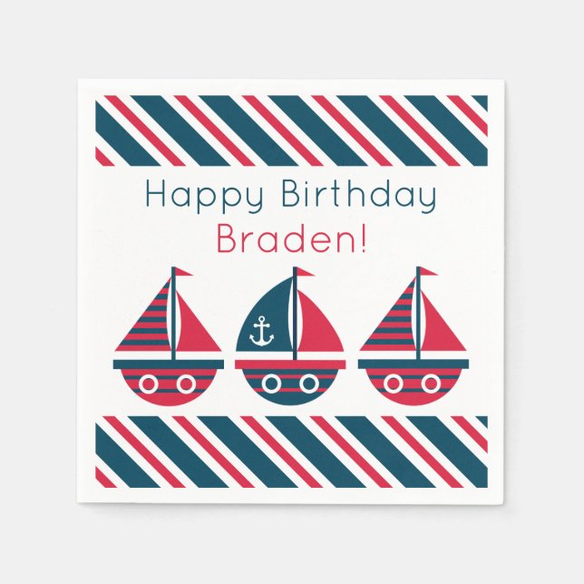 Stripte Sailboote Personalisiertes Party Napkins Serviette (Vorderseite)