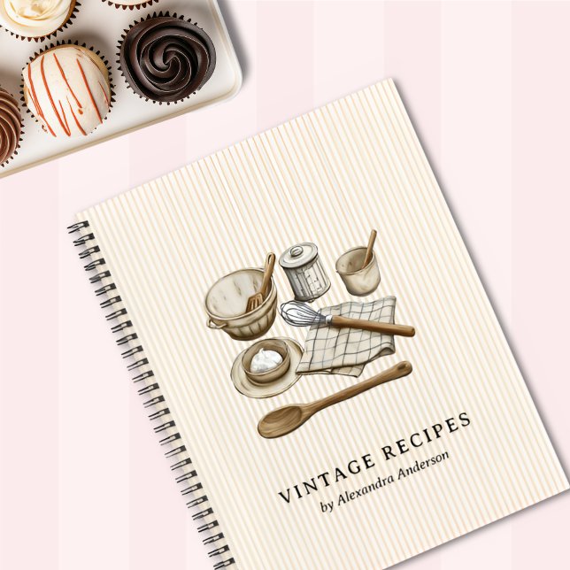Stripte Vintage Kochutensilien Backwaren Rezept Notizbuch (Striped Vintage Cooking Utensils Bakery Recipe Notebook)