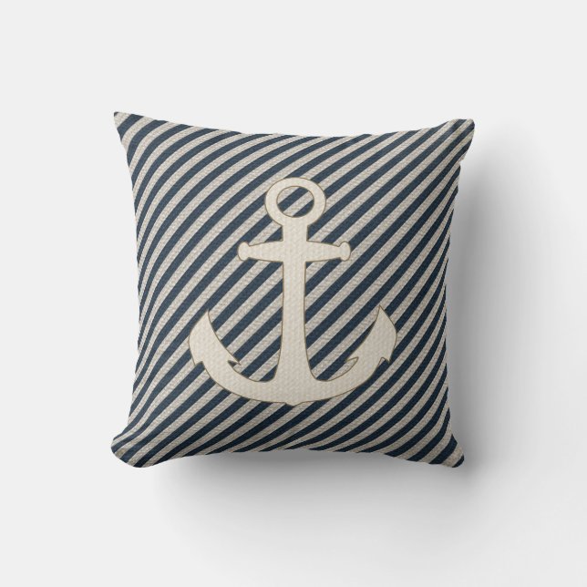 Stripter Burlap Look Nautical Ship Ankerpillow Kissen (Vorderseite)