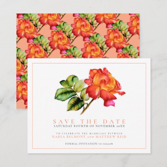 Stripter Hybrid-Tee Rose Aquarellorange Hochzeit Save The Date (Vorne/Hinten)