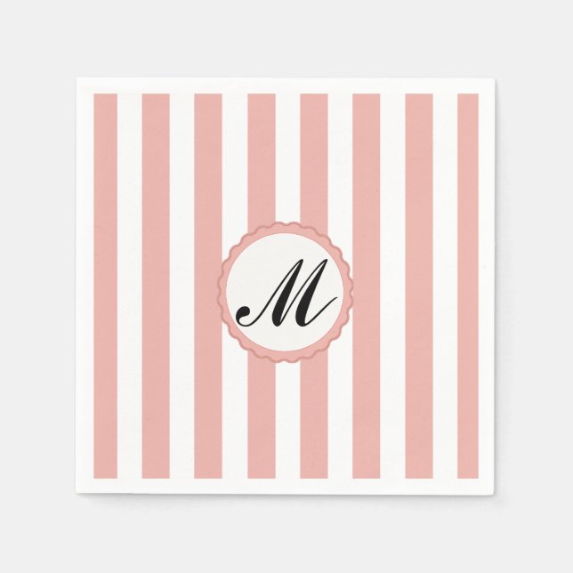 Striptes rosa, weißes Monogramm Papier Napkins Serviette (Vorderseite)